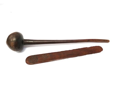 A c.1900 South African hardwood knobkerrie together with a POW hardwood letter opener with carved 'Made by a prisoner of war 