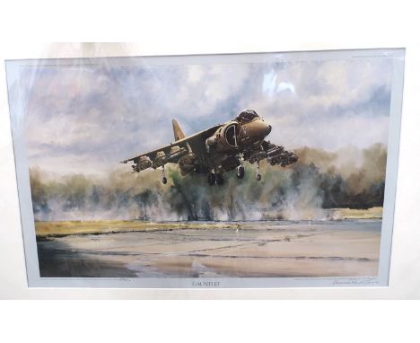 A limited edition print after Michael Rondot, "Gauntlet", Harrier Jump Jet hovering, signed, 26/50, unframed