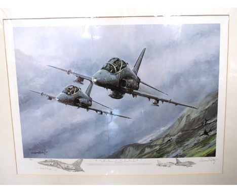 A limited edition print after Michael Rondot, "Hawk Country", Hawk Trainers over North Wales, multiple sketches to margin, 59