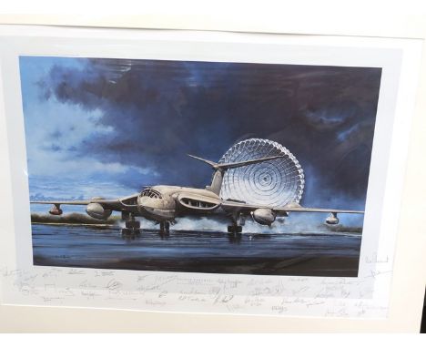 A limited edition print after Michael Rondot, "Victor Farewell", The Last Handley Page Victor landing, many signatures to mar