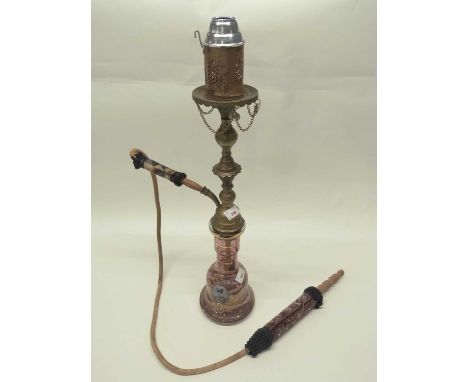 Vintage brass mounted hookah pipe with tinted glass reservoir, 72cm high