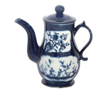 Lowestoft porcelain powder blue coffee pot of unusual size, together with a blue pottery lid, provenance ex Hunting and Frank