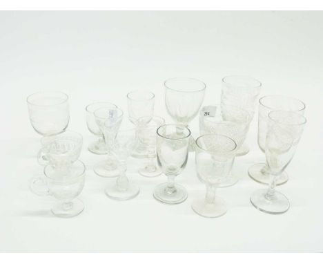 Quantity of various glass wares, mainly 19th Century including rummer with lemon squeezer foot, engraved champagne glass, fur