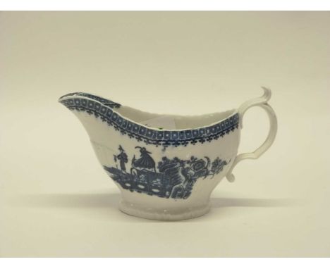 Large 18th Century Caughley sauce boat with blue printed design of the fisherman with angler verso, 20cm long