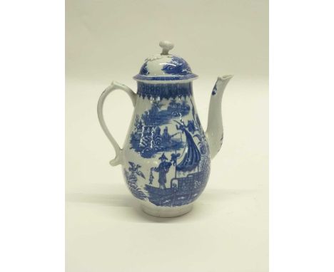 An 18th Century Worcester porcelain coffee pot and cover, circa 1780, decorated with the fisherman print with disguised numer