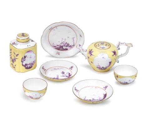 A Meissen yellow-ground part tea service, circa 1735Painted in purple camaieu with Kauffahrtei scenes of merchants and their 