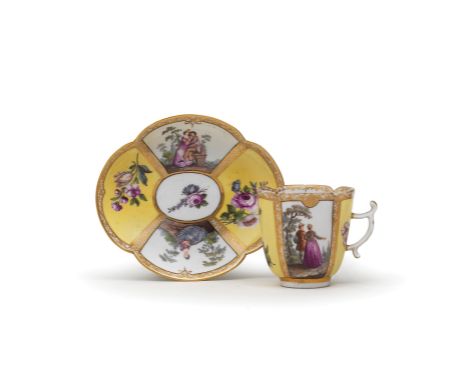 A Meissen chocolate beaker and saucer, circa 1760Of quatrelobe form, each decorated with yellow-ground panels reserved with f