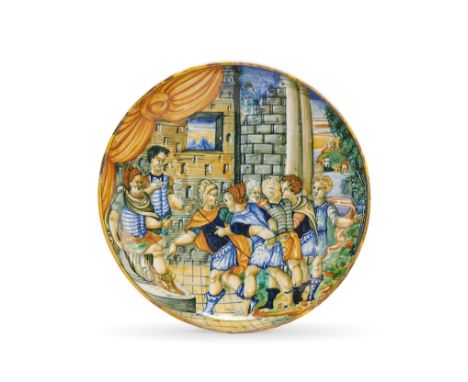 A Pesaro maiolica istoriato tazza, circa 1540Decorated with a mythological scene of Sinon being taken as a captive in front o