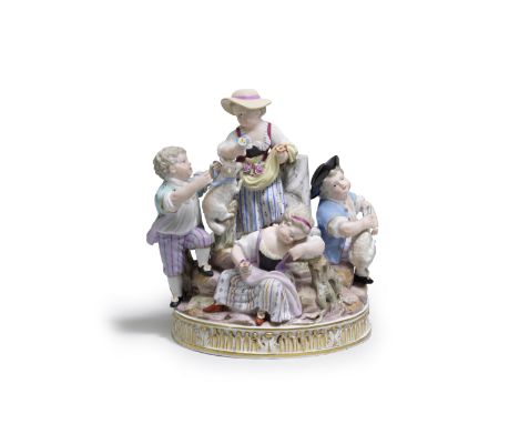 A Meissen group with five children, late 19th centuryAfter the 18th century model, in the round with a girl holding flowers i
