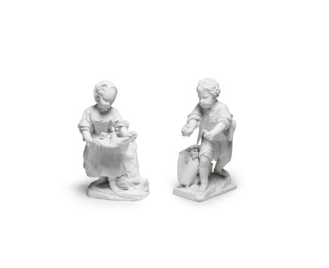 A pair of Sèvres biscuit figures of 'La Petite Fille au Tablier' and 'Le Porteur d'Oiseaux', circa 1770Modelled by Pierre Blo