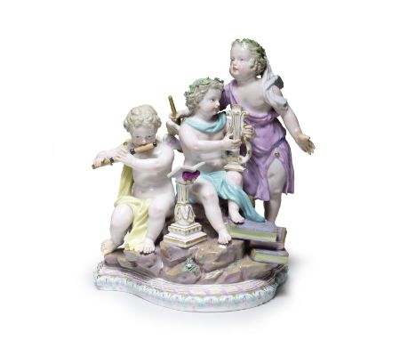 A Meissen group emblematic of Music, late 19th centuryAfter the 18th century model by M. V. Acier, with three putti wearing d