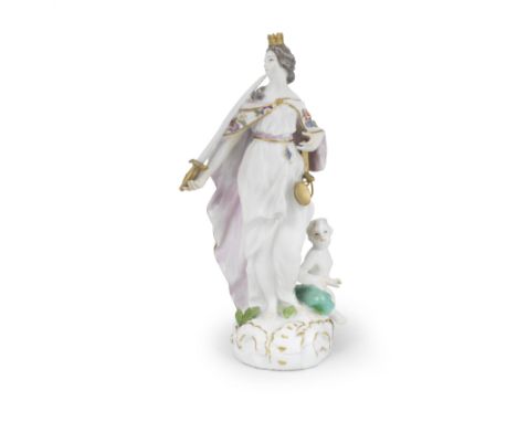 A Meissen figure allegorical of Justice, circa 1760Modelled by F.E. Meyer, as a crowned goddess wearing a white gown and cloa