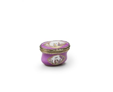 A Meissen silver-gilt mounted purple-ground snuff box, circa 1730, with a later replacement coverThe front and back reserved 
