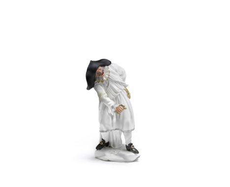 A rare Capodimonte figure of 'Il Dottore perorante' (the pleading Doctor), circa 1750Modelled by Giuseppe Gricci, wearing a l