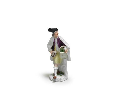 A Meissen 'Cris de Paris' figure of a spirits seller, circa 1755Modelled by Peter Reinicke, wearing a black tricorn, a white 