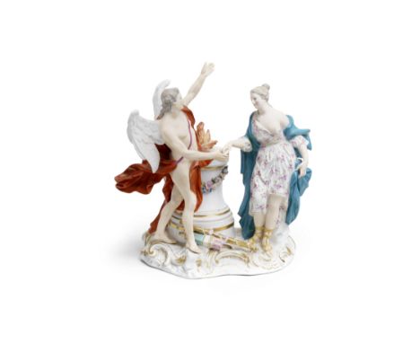 A Meissen group allegorical of marriage, possibly outside-decorated,  late 19th centuryModelled with Cupid wearing a red cloa