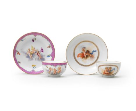 Two Marcolini Meissen teacups and saucers, late 18th centuryThe first painted with three putti amidst clouds within a purple 