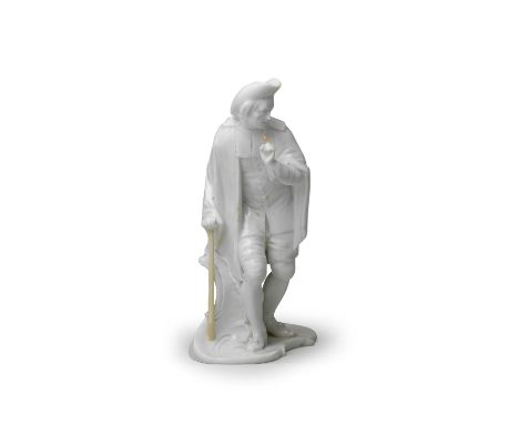 A Nymphenburg white figure of Anselmo, circa 1760Modelled by F.A. Bustelli, standing leaning on a stick, hunched forward slig