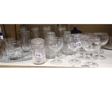 Shelf of mixed glassware to include wine glasses. Not available for in-house P&P 