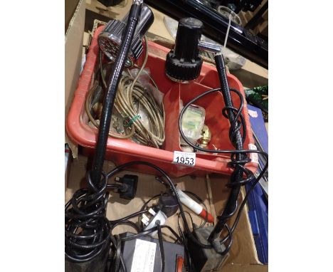 Pyro R 200 woodburn kit, two magnetic base heavy duty lamps and a box of various lamp fittings and parts. All electrical item