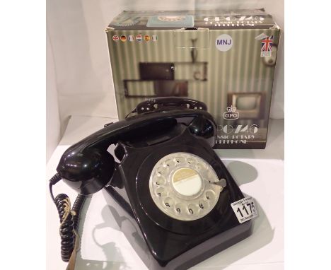 Black 1960/1970s style rotary telephone, compatible with modern telephone banking and any standard analogue landline, boxed. 