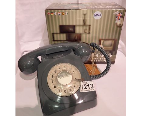Grey 1960/1970s style rotary telephone, compatible with modern telephone banking and any standard analogue landline, boxed. P