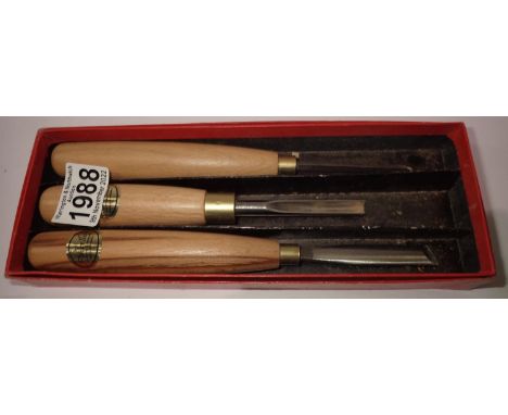 Ashley Iles turning tools 9m 3/8inch dumpy (square skew), 12mm 1/2 inch stumpy (spindle googles), 5mm 3/16 inch skinny millin
