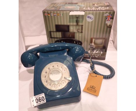 Azure blue 1960/1970s style rotary telephone, compatible with modern telephone banking and any standard analogue landline, bo