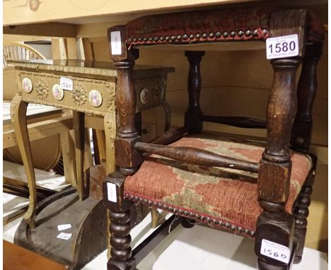 Two upholstered footstools together with a wall mounting corner shelf and side table. Not available for in-house P&amp;P 