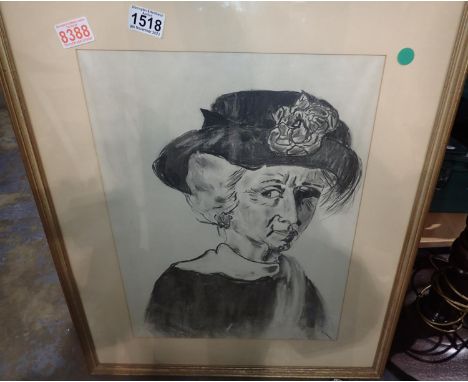 Unsigned pencil sketch of lady. Not available for in-house P&amp;P 