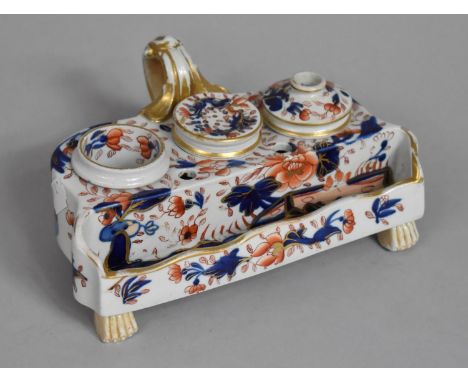 A 19th Century Porcelain Imari Inkwell Desk Stand/Set with recessed Covered Wells for Ink, Sander, Quills and Candle Holder. 