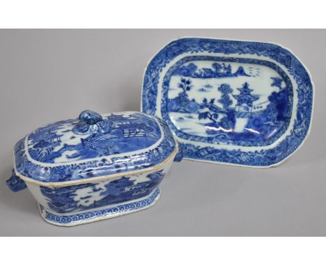 An 18th/19th Century Chinese Porcelain Blue and White Export Lidded Tureen of Small Proportions Decorated with Village Scene 