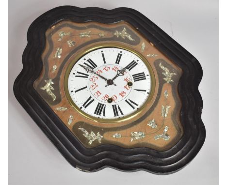 A 19th Century Eight Day French Orchard Clock with an Ebonised Cartouche Shaped Frame and a Brass Framed Enamel Dial. 63x46cm