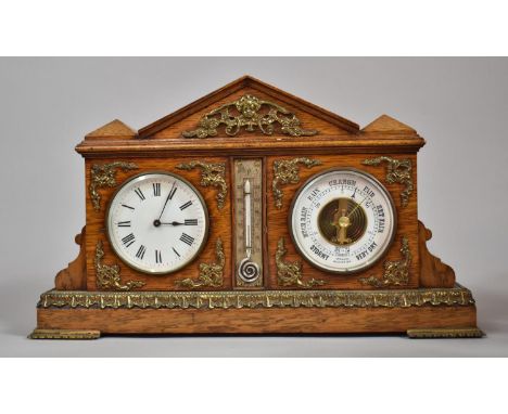 A Late Victorian Combination Mantel Clock and Barometer in Oak Case with Moulded Brass Scrolled Mounts of Architectural Form,