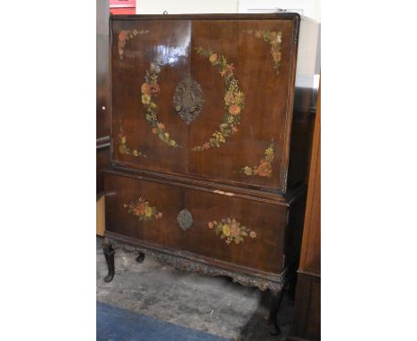 A Mid 20th Century Mahogany Cocktail Cabinet with Painted Floral Decoration. Mirrored Top Section Over Base Cupboard. Some Wo