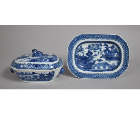 A Late 18th/Early 19th Century Chinese Porcelain Blue and White Export Lidded Tureen of Small Proportions, Decorated with Vil