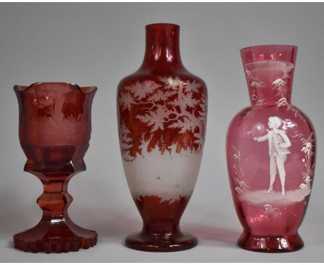 A Bohemian Ruby Glass Chalice of Shaped Form with Acid Etched Hunting Scenes (Chip to Base) together with a Bohemian Glass Va