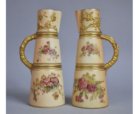 A Pair of Royal Worcester Blush Ivory Ewer Jugs, Floral Hand Painted Decoration, Stylised Branch Handles and Foliage in Relie