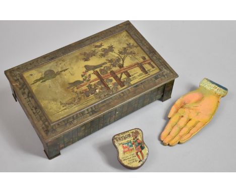 A Vintage Crawford Biscuit Tin Vintage 'Herald Tea' Sample Tin and a Printed 'Hand' See Saw Item