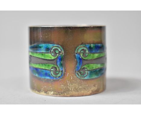 A William Hair Haseler Art Nouveau Silver and Enamel Napkin Ring with Organic Blue and Green Enamel Motif Decoration. Birming