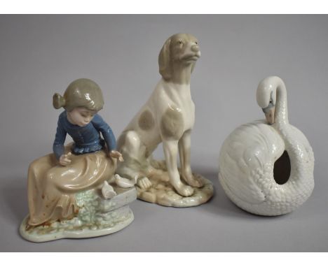 Three Spanish Ornaments to include Lladro Swan, Nao Girl and a Nadal Hound