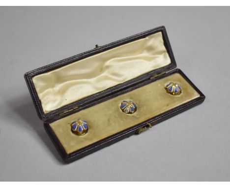 A Set of Three Yellow Metal and Enamel Dress Studs having Central Star Surrounded by Six Petals in Blue and White Enamel, in 