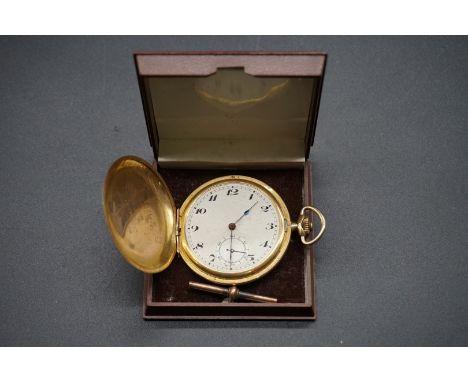 A 9ct gold hunter stem wind pocket watch,&nbsp;47mm;&nbsp;together with a watch chain bar, stamped 9ct. 