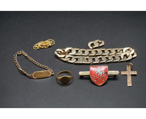 A 9ct gold flat link bracelet, 18cm; together with two unmarked spare links; a 9ct gold ring; a 9ct gold cross pendant; a bra