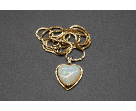A yellow metal heart shaped opal pendant,&nbsp;set diamond&nbsp;on 9ct gold box link chain, 45cm. 