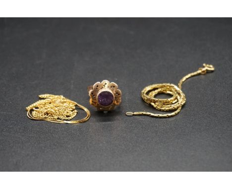 Two yellow metal chains, stamped 14k 585; together with an amethyst ring stamped 14k; and a bracelet, stamped 14k. (4) 