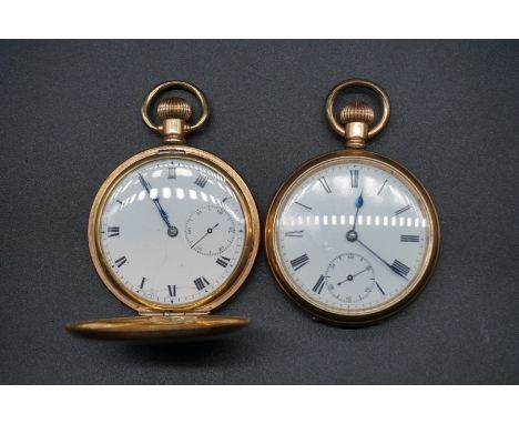 A gold plated stem wind hunter pocket watch,&nbsp;50mm,&nbsp;together with a similar gold plated pocket watch. 