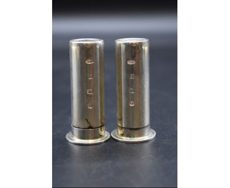 A pair of silver novelty 12 bore shotgun cartridge pepperettes, by Harrison Brothers &amp; Howson Ltd, Birmingham 1998, 5.6cm