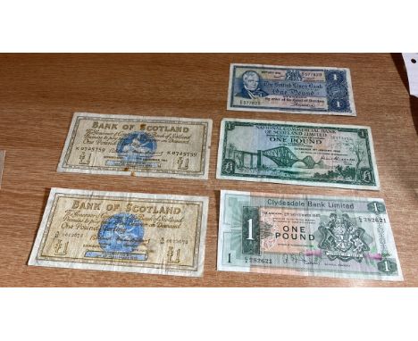  Sale Item:    5 x £1 NOTES-2 BANK SCOTLAND &amp; 3 OTHERS  Vat Status:   No Vat   Buyers Premium:  This lot is subject to a 