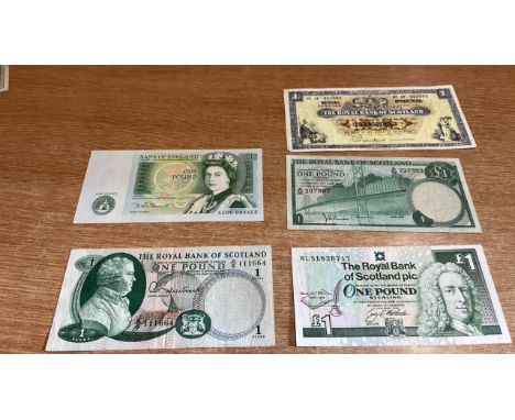  Sale Item:    5 x £1 NOTES- 4 ROYAL BANK OF SCOTLAND- 1 BANK OF ENGLAND  Vat Status:   No Vat   Buyers Premium:  This lot is